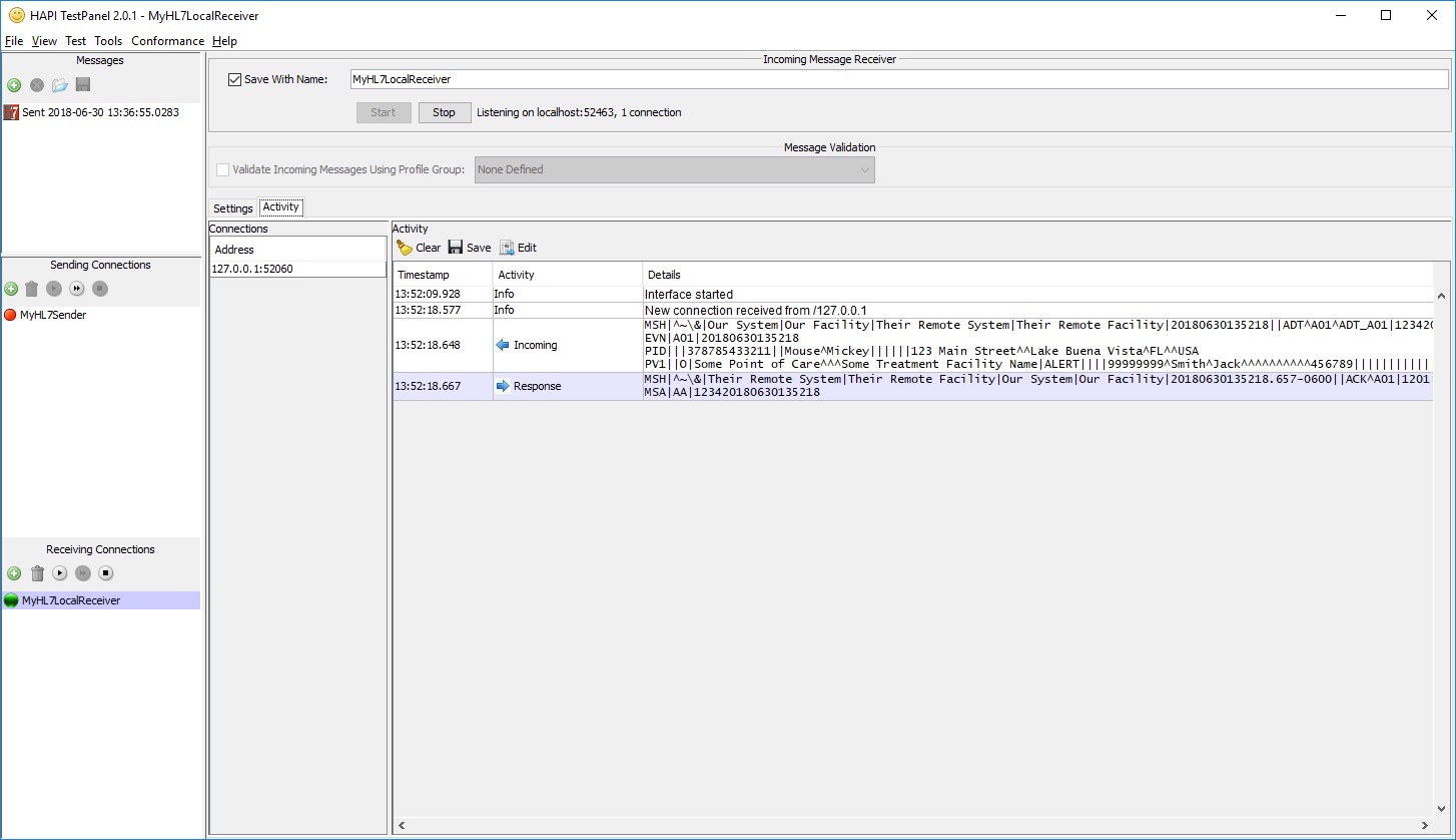 HAPI Test Panel Message Reception